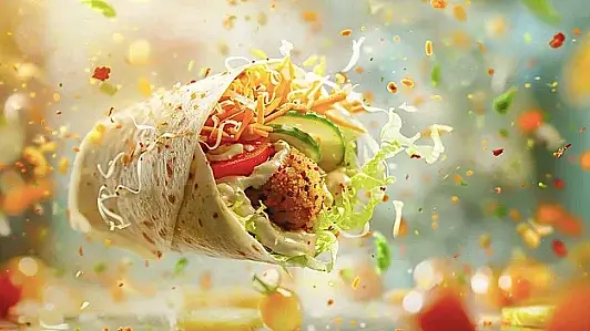 An artistic depiction of a hummus and veggie wrap