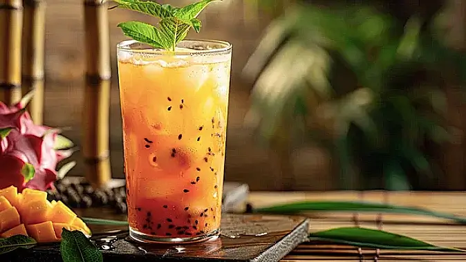Mango tea with tapioca pearls and mint garnish